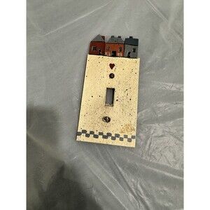 Primitive Folk Art Wooden Light Switch Cover – Hand Painted Houses Cottage Decor